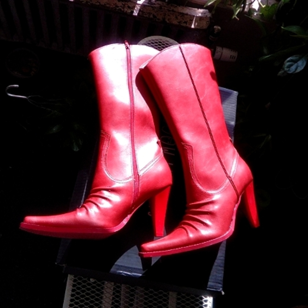 Dolls Kill Red Pointed-Toe Mid-Calf Heeled Boots - Picture 11 of 16